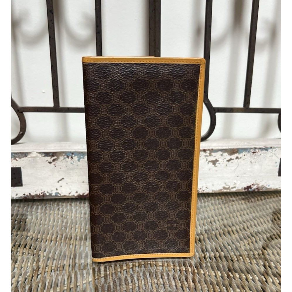 Authentic Vintage Celine Macadam Canvas Leather Long Checkbook Wallet